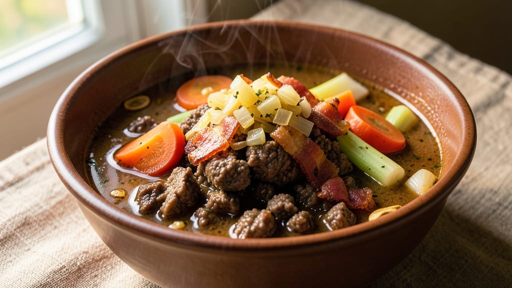 Beef Burger Soup Recipe: Umami-Packed Beef and Bacon Bites in Rich Tomato Velout