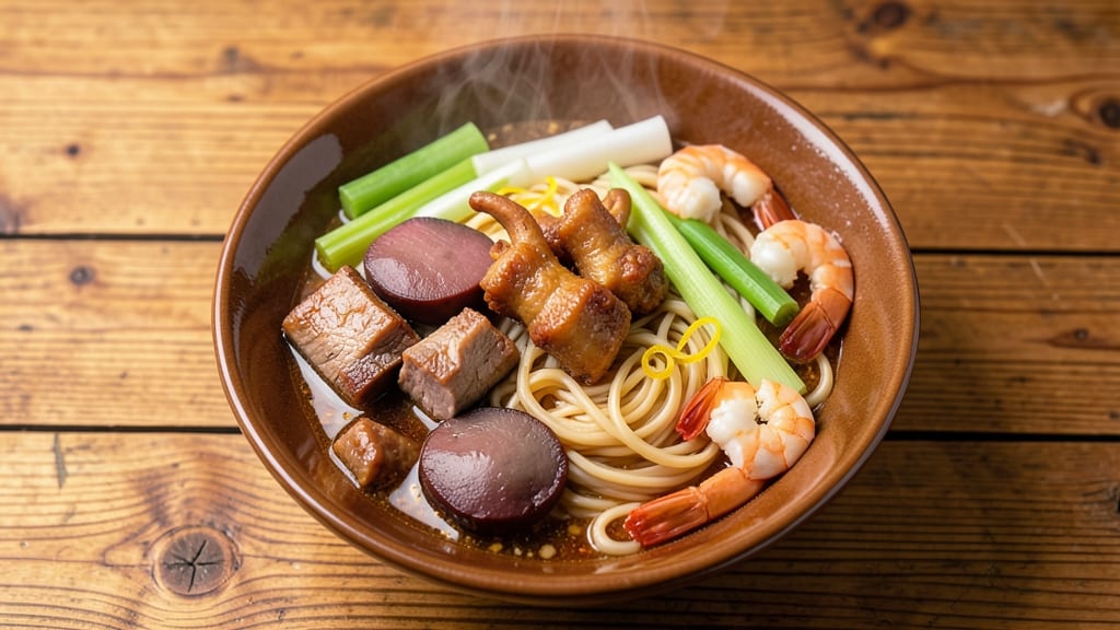 Batchoy Soup Recipe: Crispy Celery Crowns Over Silky Shrimp and Egg Velout