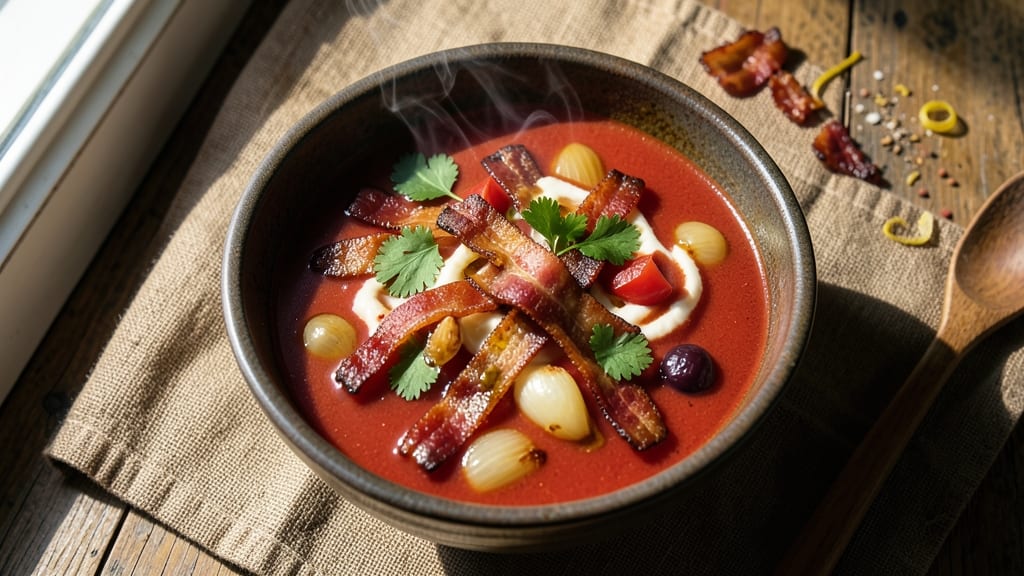 Baja Soup Recipe: Crispy Tortilla Strips Over Smoky Tomato-Bacon Base