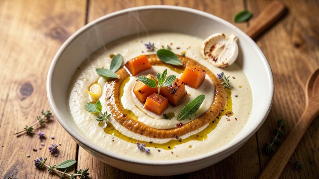 Alton Brown's Squash Soup Recipe: Celery Crown Crunch Over Velvety Herb Base