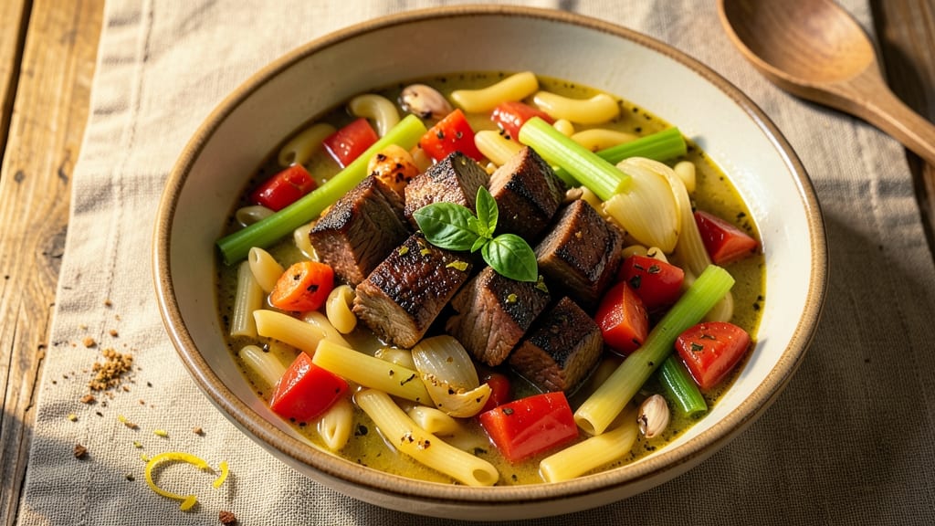 Beef and Tomato Macaroni Soup Recipe: One-Pot Meal with Celery Crown Crunch