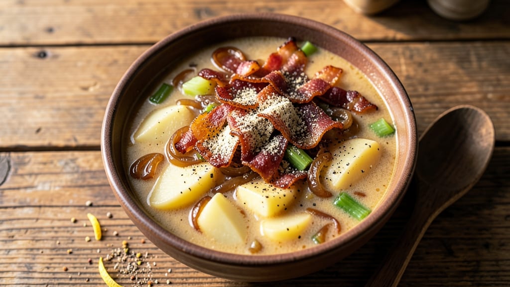 Alabama Power Potato Soup Recipe: Smoky Bacon and Celery Crown Crunch Over Creamy Herb Velout