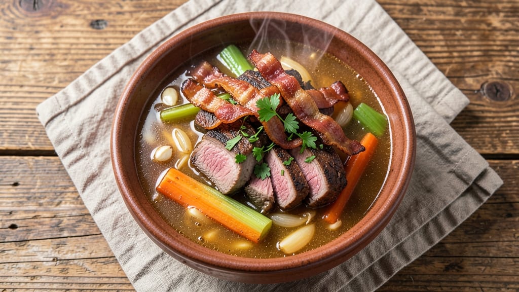 Beef On Weck Soup Recipe: Smoky Bacon and Celery Crown Crunch Over Creamy Herb Velout