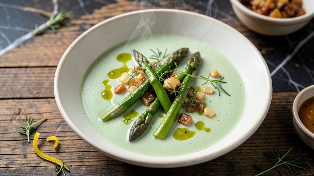 Asparagus Low-Fat Soup Recipe: Silky Herb Velout With Crispy Celery Crowns
