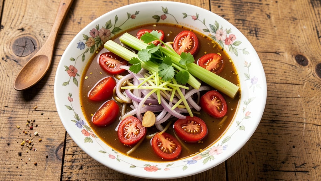 Achi Soup Recipe: Smoky Tomato and Herb Velout With Crispy Celery Crowns