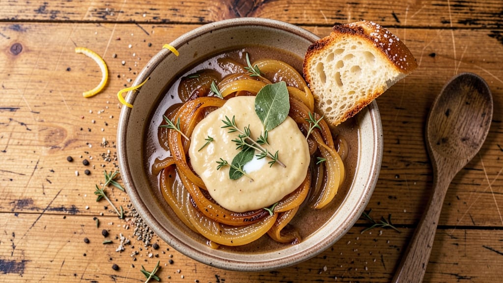 Bistro French Onion Soup Panera Recipe: Gruyère Crunch Over Smoky Herb Velout
