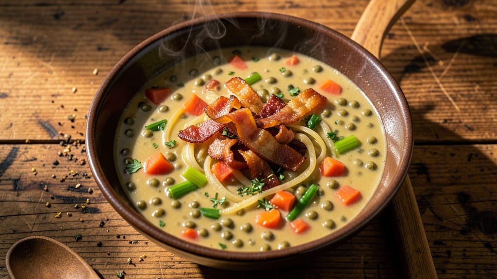 Amazing Split Pea Soup Recipe: Smoky Bacon Crunch Over Herbed Velout