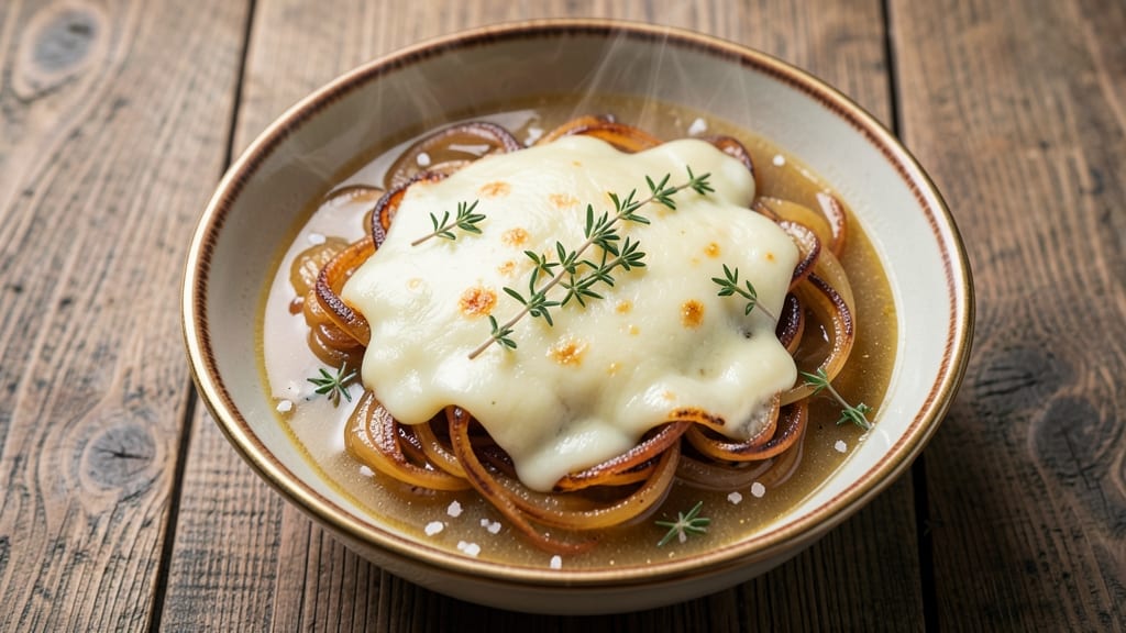 Alcohol-Free French Onion Soup Recipe: Celery Crown Crunch Over Creamy Gruyère Velouté