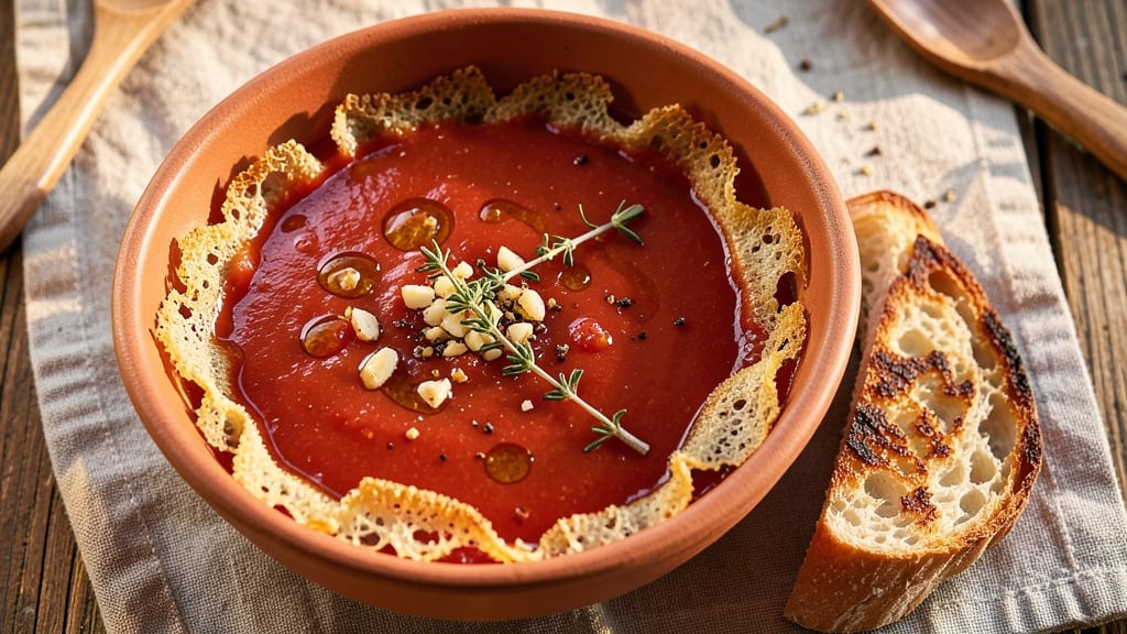 Baker's Crust Tomato Soup Recipe: Crispy Celery Crowns Over Rich Garlic-Herb Velout