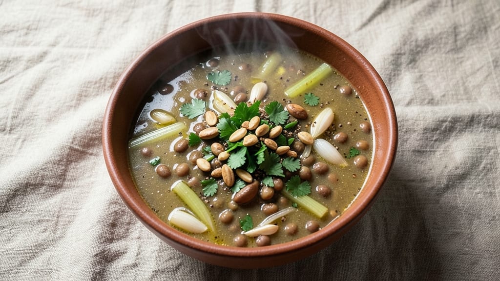 Aladdin's Eatery Lentil Soup Recipe: Crispy Celery Crowns Over Smoky Cumin Velout