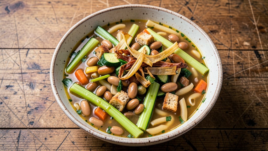 Amy's Minestrone Soup Recipe: Crispy Celery Crowns Over Herb-Infused Velout