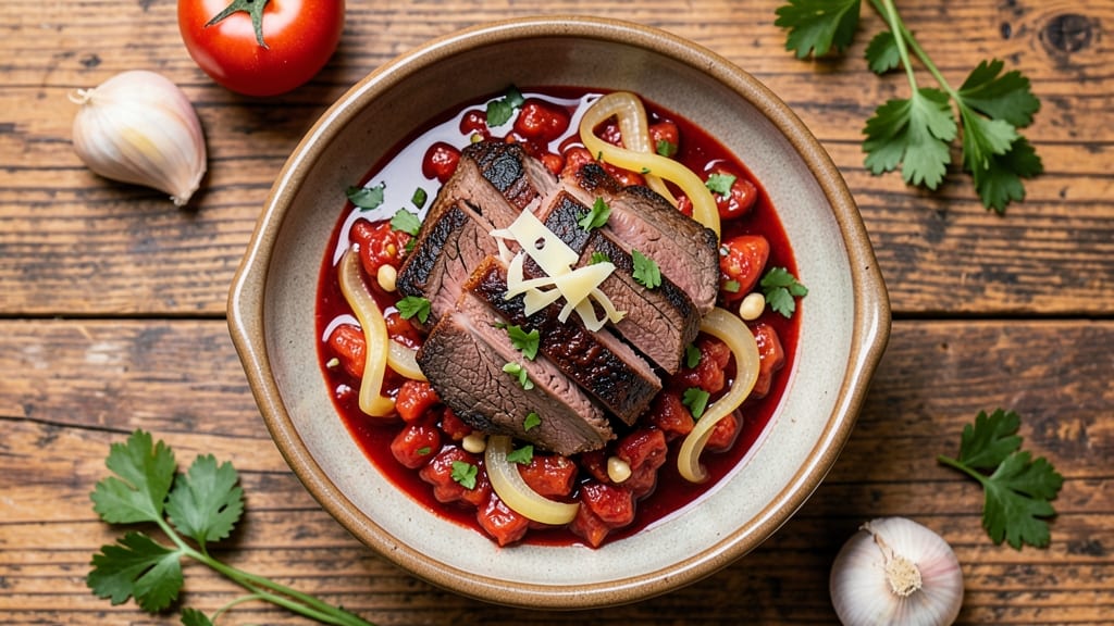 Beef Rosa Marina Soup Recipe: Smoky Tomato-Braised Beef with Celery Crown Crunch