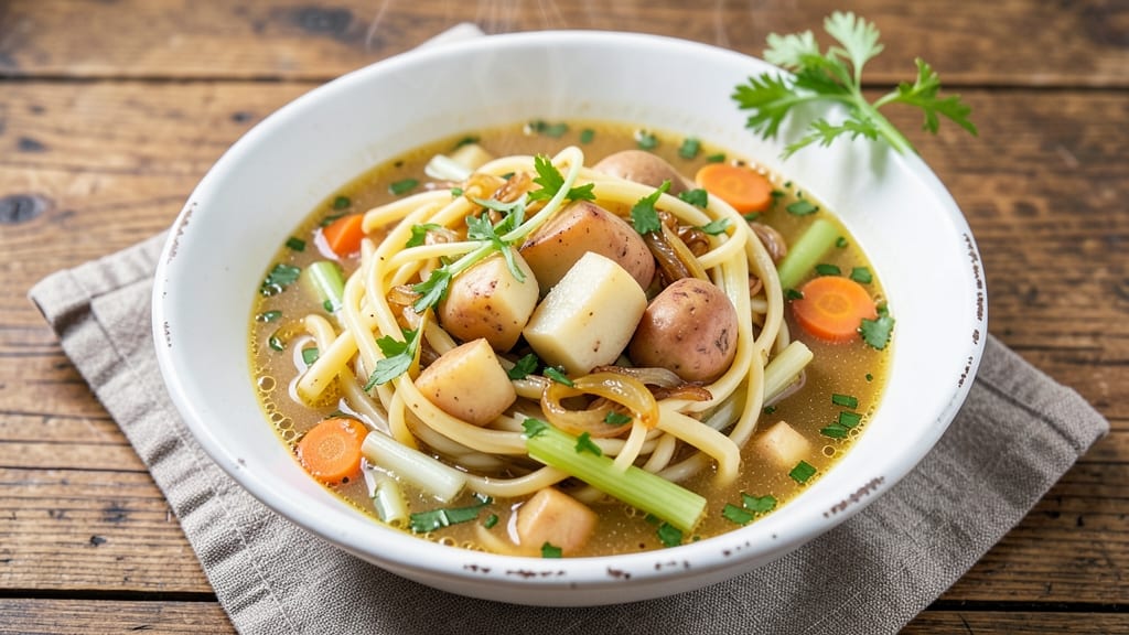 Bechtle Soup Noodles Recipe: Celery Crown Crunch Over Creamy Herb Broth