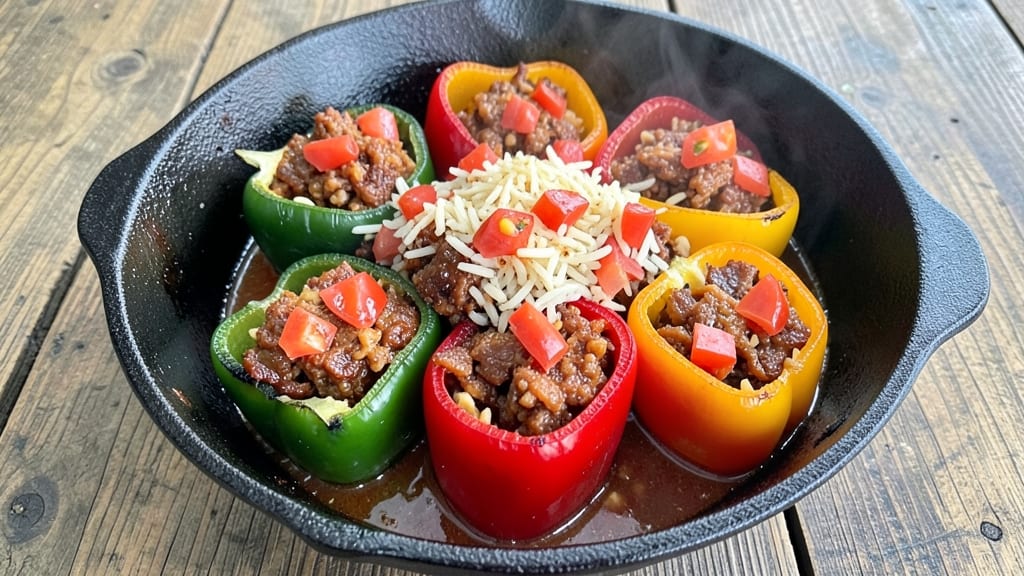 Biker Chick Stuffed Pepper Soup Recipe: Spicy Chorizo and Rice-Stuffed Peppers Simmered in Tomato-Basil Broth