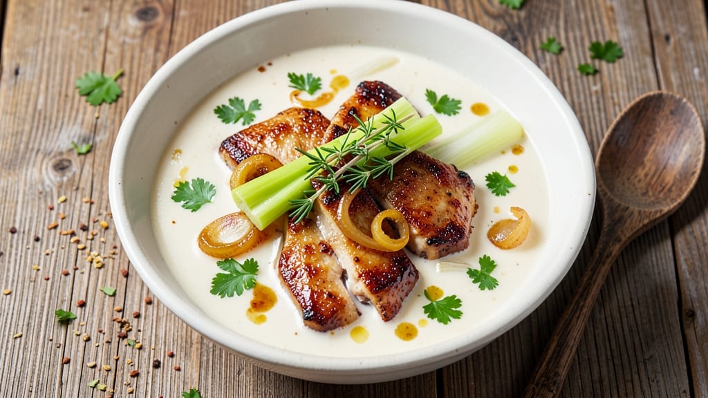 Bird Soup Recipe: Crispy Celery Crowns Over Smoky Herb Velouté