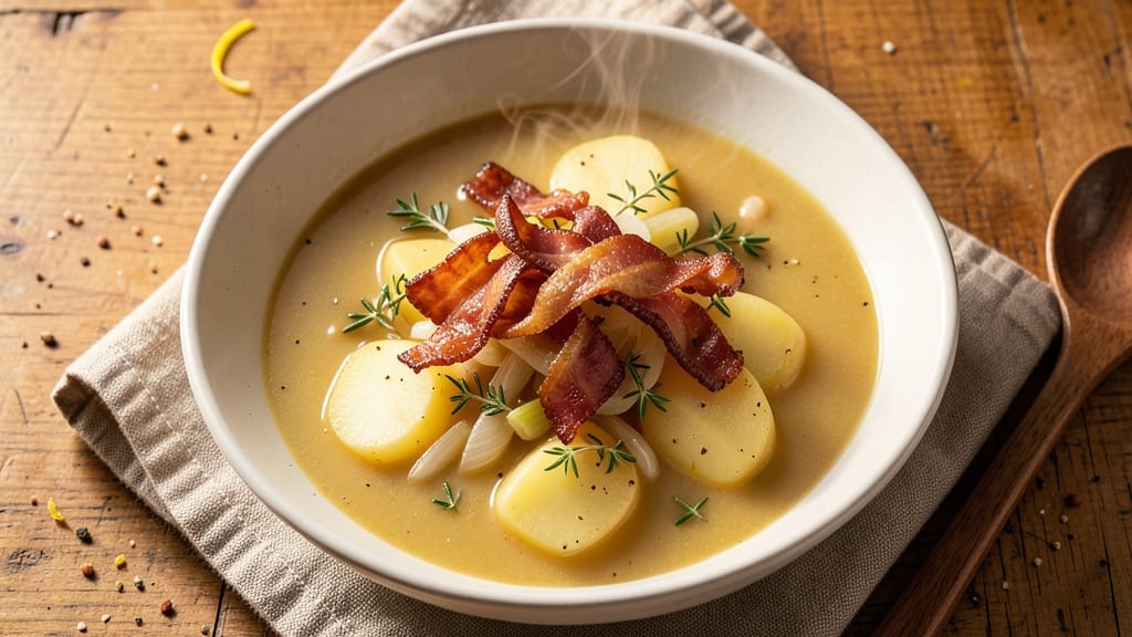 Allison's Potato Soup Recipe: Crispy Bacon Bits Over Velvety Herb Base
