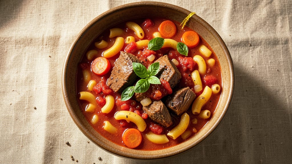 Beefy Tomato Macaroni Soup Recipe: Hearty Meat-and-Pasta Simmer in One Pot