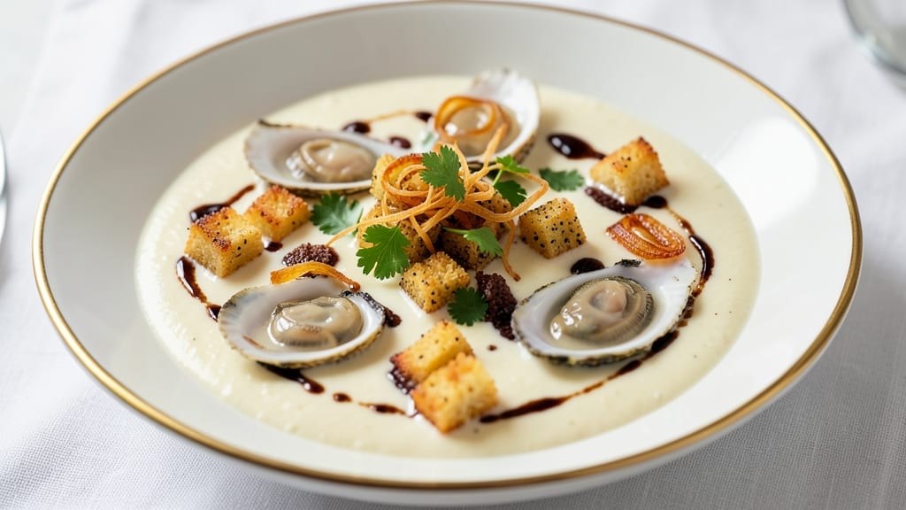 Acme Oyster Rockefeller Soup Recipe: Crispy Breaded Celery Crowns Over Creamy Crab Velout