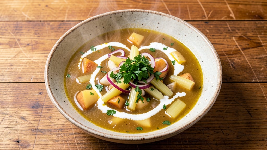 Austrian Garlic Soup Recipe: Celery Crown Crunch Over Rich Herb Velout