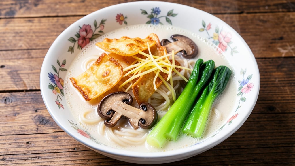 Asian Soup Bowl Recipe: Crispy Wonton Strips Over Spicy Miso-Ginger Broth